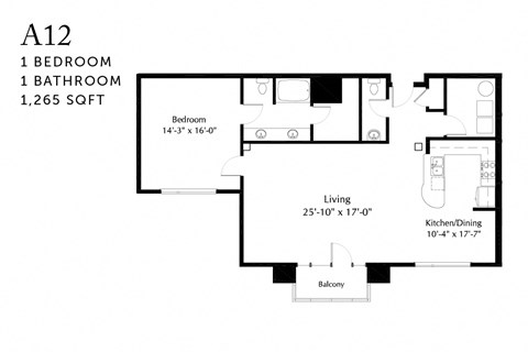 Floor plan for 1 bed, 1.5 baths, 1265 sqft